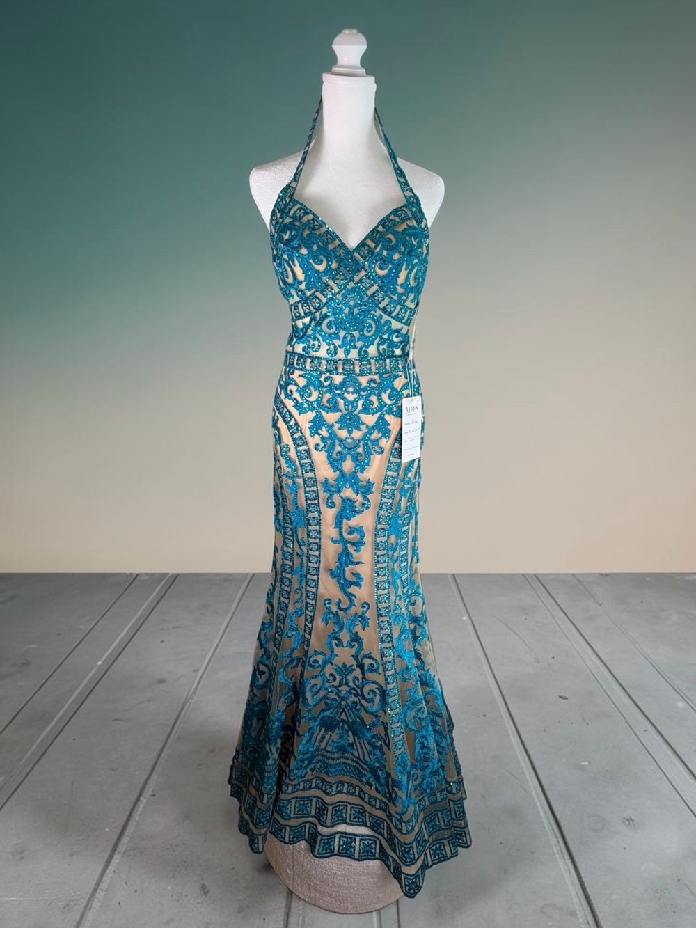 NWT Ellie Wilde Teal Nude Sequin Mermaid Prom Gown Size 10 (Runs Small)